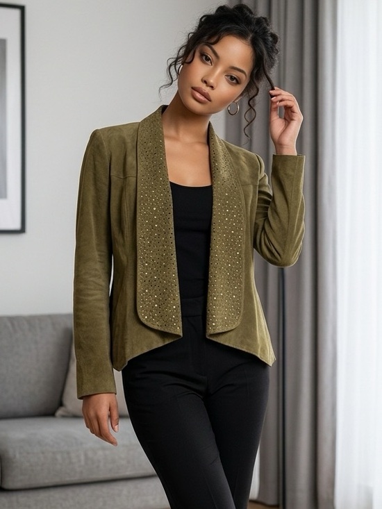 IMAN Jackets & Blazers - IMAN Olive Green Suede Open-Front Blazer with Embellished Collar 💯 leather